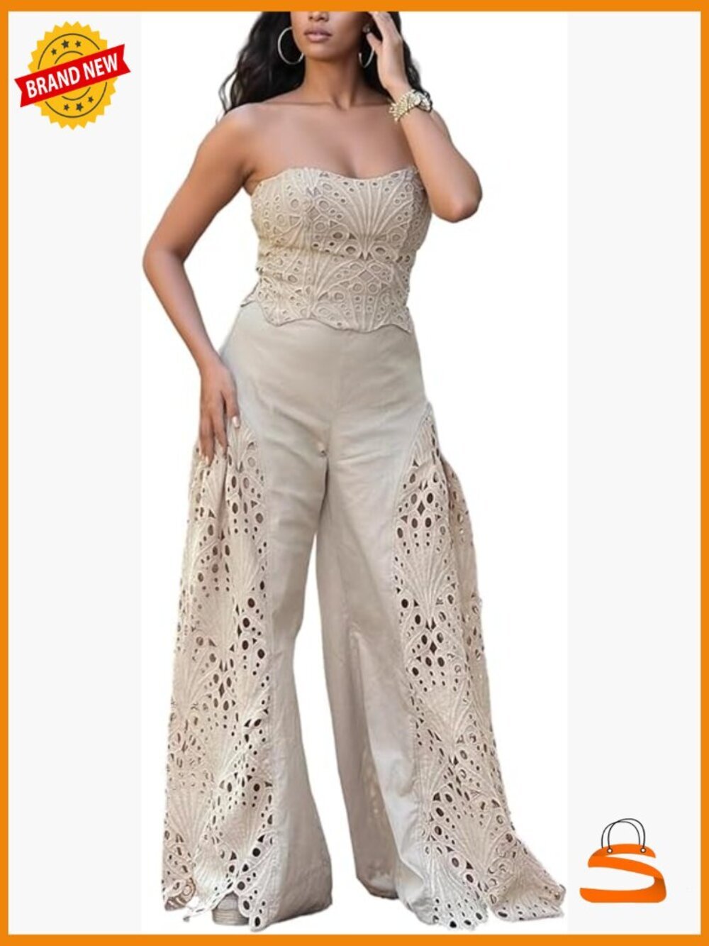 Strapless Corset Top with Wide Leg Lace Pants Set